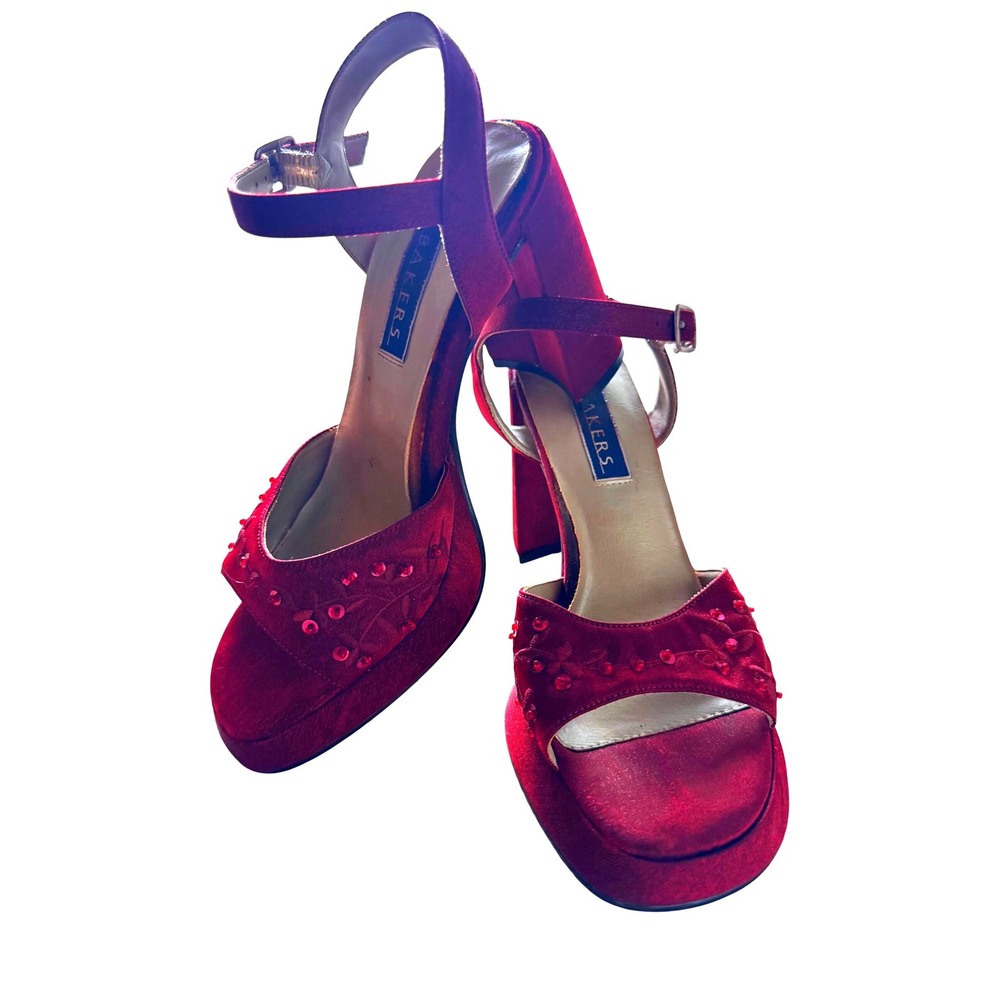 Y2K Red Sequin Platform Sandals 4" Block Heels 2000s Whimsy Vintage Bakers 6.5M